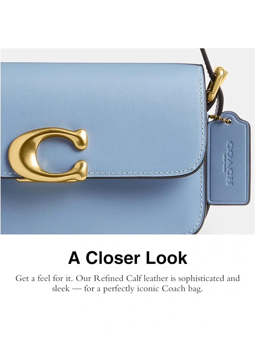 New Coach Light Blue Refined Calf Leather Zoe Shoulder Bag with Gold Hardware